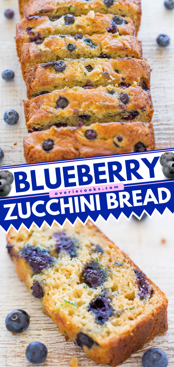 Blueberry Zucchini Bread — This blueberry zucchini bread is a quick, no-mixer recipe that's sweet, but not too sweet. Each bite is bursting with fresh blueberries!