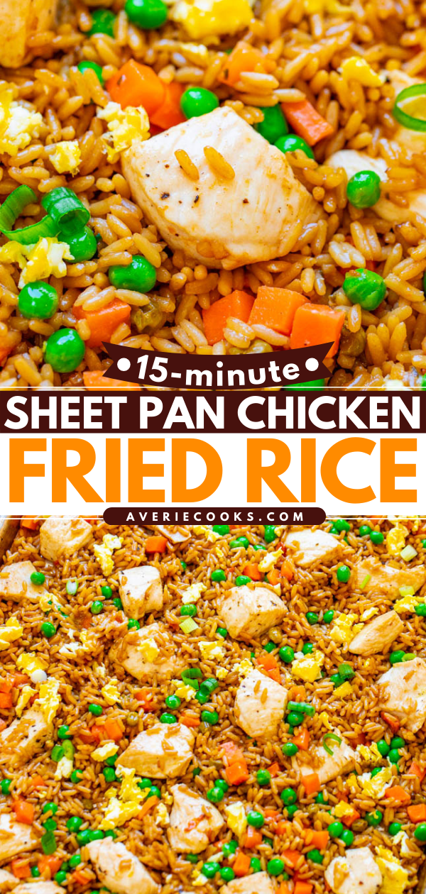 15-Minute Sheet Pan Chicken Fried Rice - Easy HEALTHIER "fried rice" that's actually baked and not fried!! Full of authentic flavor and ready faster than you can call for takeout!! Perfect for busy weeknights and a family FAVORITE!!