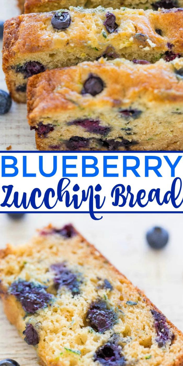 Blueberry Zucchini Bread — This blueberry zucchini bread is a quick, no-mixer recipe that’s sweet, but not too sweet. Each bite is bursting with fresh blueberries!