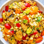 Grilled Chicken and Corn Salad -  An EASY salad that’s ready in 15 minutes and you won’t be able to stop eating it!! Tender chicken, juicy corn, crisp bell peppers and tomatoes, creamy avocado, cilantro, and fresh lime juice for the WIN!!