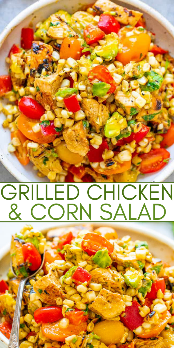 Grilled Corn Salad with Chicken — An EASY salad that’s ready in 15 minutes and you won’t be able to stop eating it!! Tender chicken, juicy corn, crisp bell peppers and tomatoes, creamy avocado, cilantro, and fresh lime juice for the WIN!!