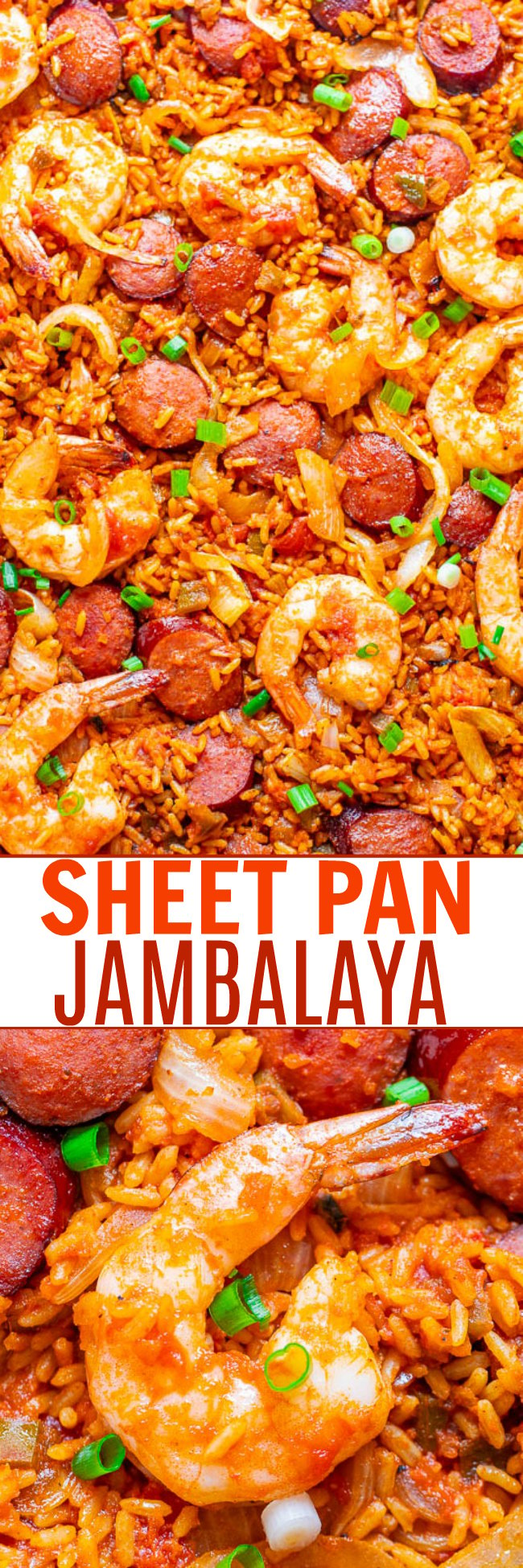 Sheet Pan Jambalaya - The EASIEST and BEST recipe for jambalaya you'll ever taste that's ready in 20 minutes!! Juicy sausage and shrimp with tender rice and the PERFECT amount of kick will keep you going back for more!!