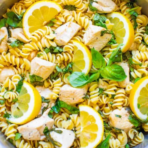 Lemon Pepper Basil Chicken and Pasta - EASY and ready in 15 minutes with comforting pasta, juicy chicken, and there is so much ZESTY flavor from the lemon, basil, and spinach!! A family favorite that's perfect for busy weeknights!! 