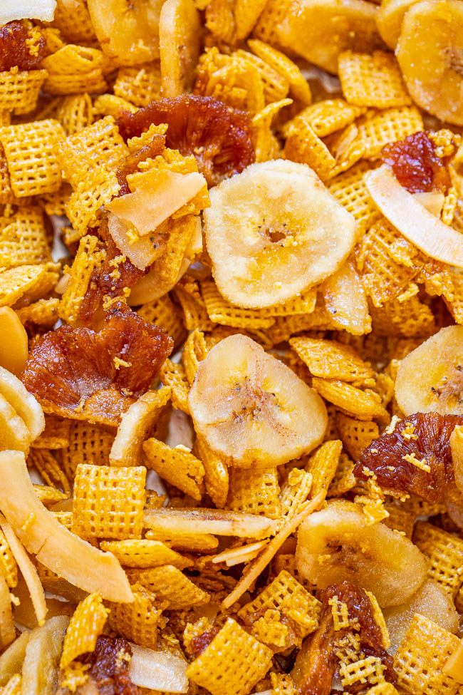 close up of baked sweet and salty chex mix 