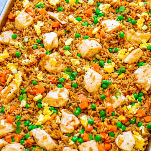 Baked sheet pan fried rice with chicken.