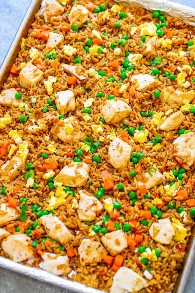 15-Minute Sheet Pan Chicken Fried Rice – Easy HEALTHIER “fried rice” that’s actually baked and not fried!! Full of authentic flavor and ready faster than you can call for takeout!! Perfect for busy weeknights and a family FAVORITE!!