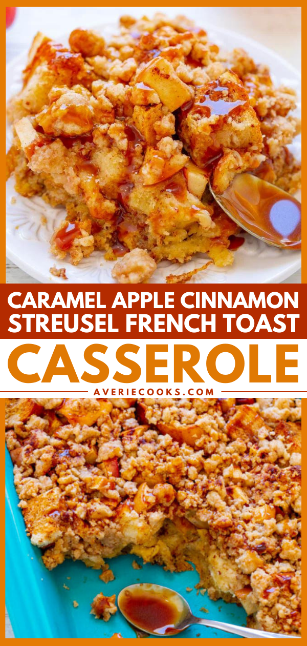 Caramel Apple French Toast Casserole — An EASY recipe with a make-ahead overnight option so it's perfect for weekend or holiday brunches!! Soft bread, juicy apples, and buttery streusel topping is pure DECADENT comfort food!!