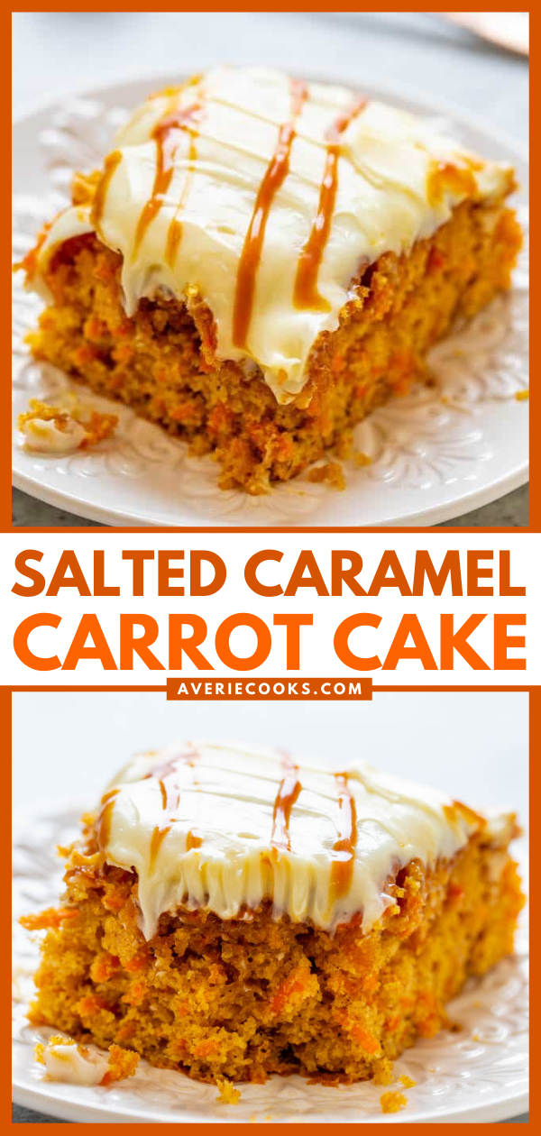 Salted Caramel Carrot Cake with Cream Cheese Frosting — Soft, tender, EASY carrot cake infused with salted caramel sauce and topped with tangy cream cheese frosting is the ULTIMATE in decadence!! Calling all carrot cake fans, you will LOVE this version!!