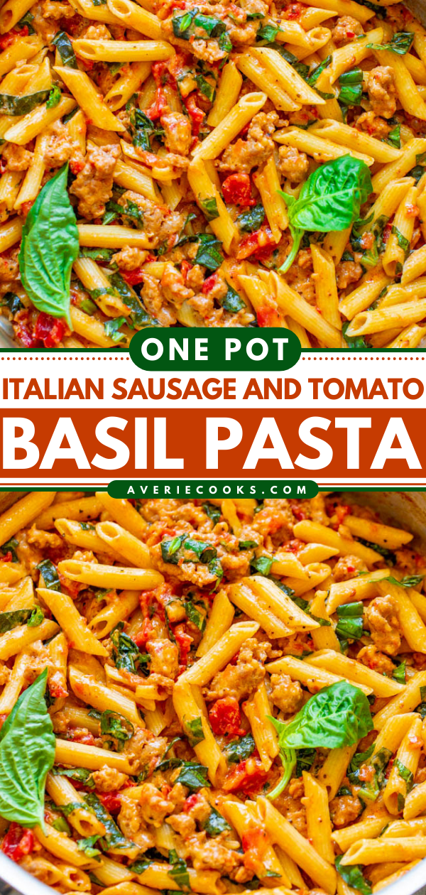 One-Pot Italian Sausage Pasta — An EASY comfort food recipe that's loaded with Italian flavors, ready in 20 minutes, made in ONE pot, and a family favorite!! No need to boil the pasta separately to save time and dishes!!