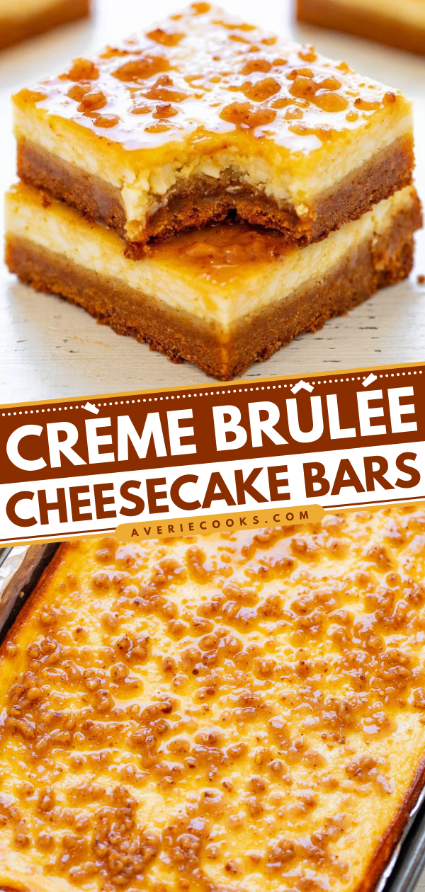 Crème Brûlée Cheesecake Bars - EASY bars that taste like crème brûlée met a cheesecake on the way to the oven with a sugar cookie crust!! Rich, sinfully decadent, and a great make-ahead dessert for parties and events!!