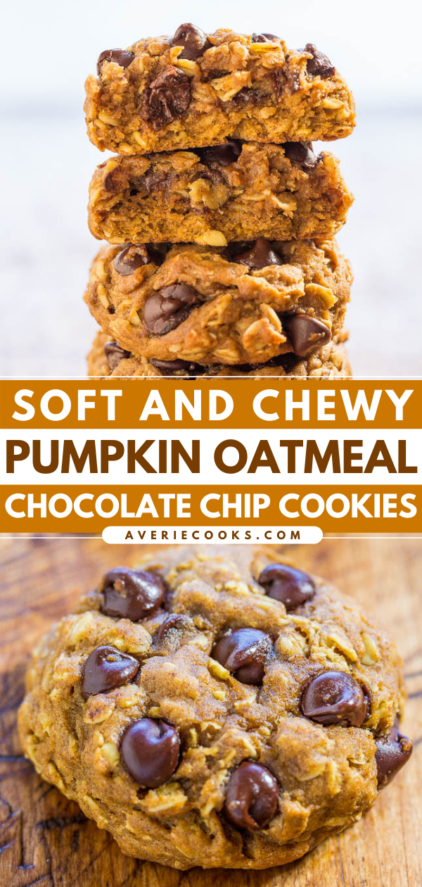 Pumpkin Oatmeal Chocolate Chip Cookies — These pumpkin oatmeal cookies are bursting with chocolate chips in every bite! They're thick, hearty, perfectly chewy, and not at all cakey.