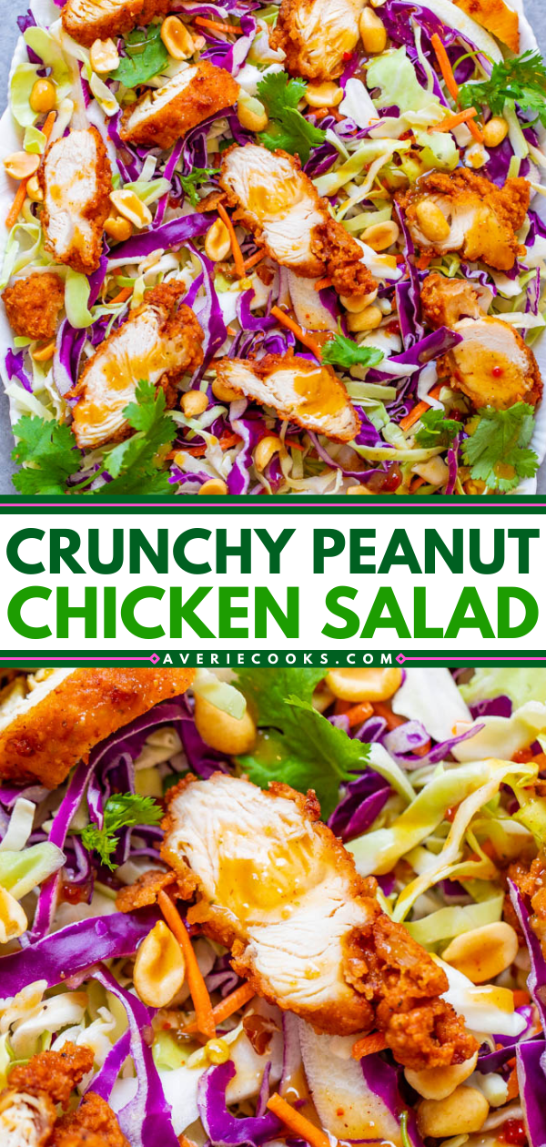Crunchy Peanut Salad with Chicken — Crispy fried chicken with crunchy cabbage, carrots, peanuts, cilantro and the EASIEST and BEST homemade peanut sauce that coats every bite!! A salad that you'll CRAVE over and over!! 