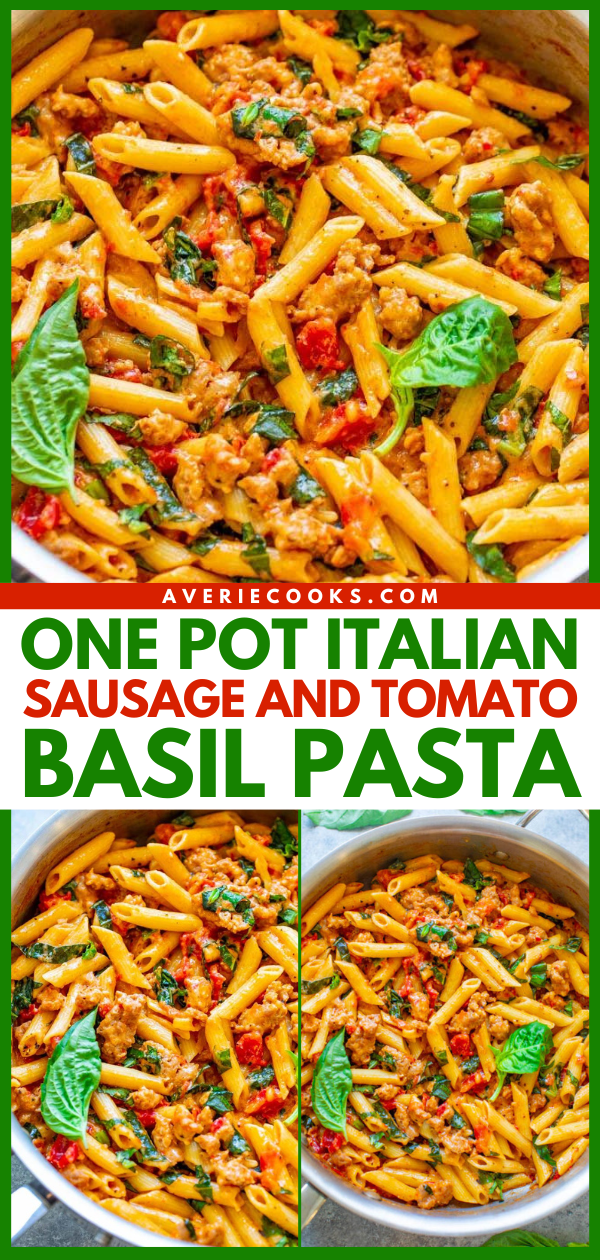 One-Pot Italian Sausage Pasta — An EASY comfort food recipe that's loaded with Italian flavors, ready in 20 minutes, made in ONE pot, and a family favorite!! No need to boil the pasta separately to save time and dishes!!