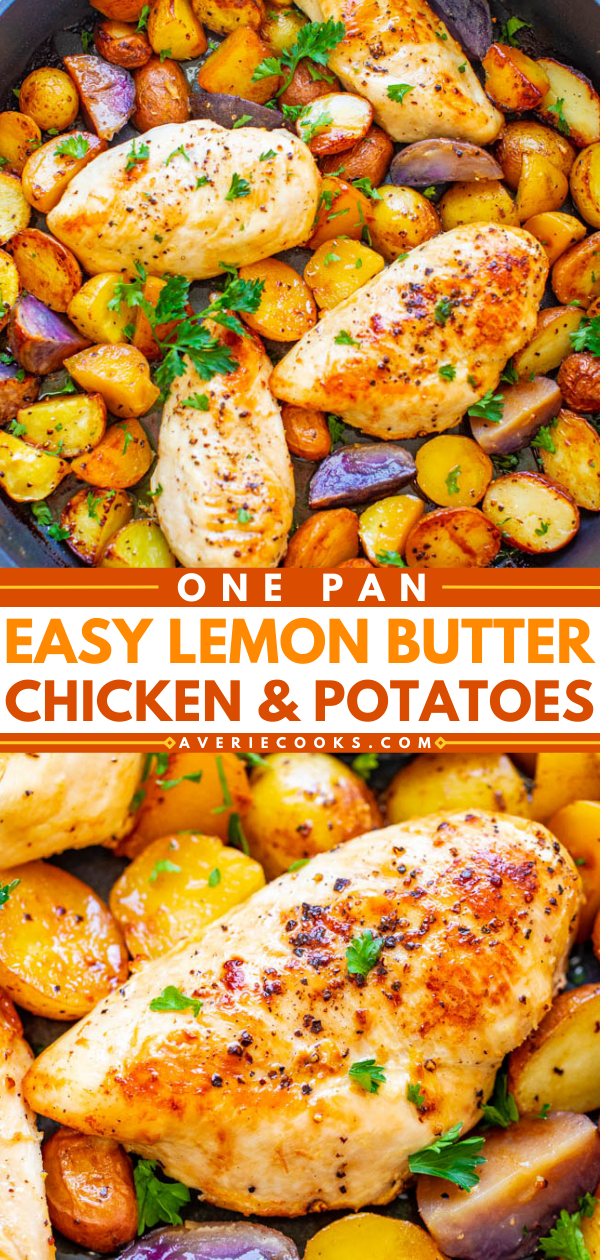 One-Pan Lemon Butter Chicken and Potatoes — A DELICIOUS family dinner that's ready in 30 minutes and full of lemon buttery goodness!! ONE PAN keeps things EASY for you with less dishes!!