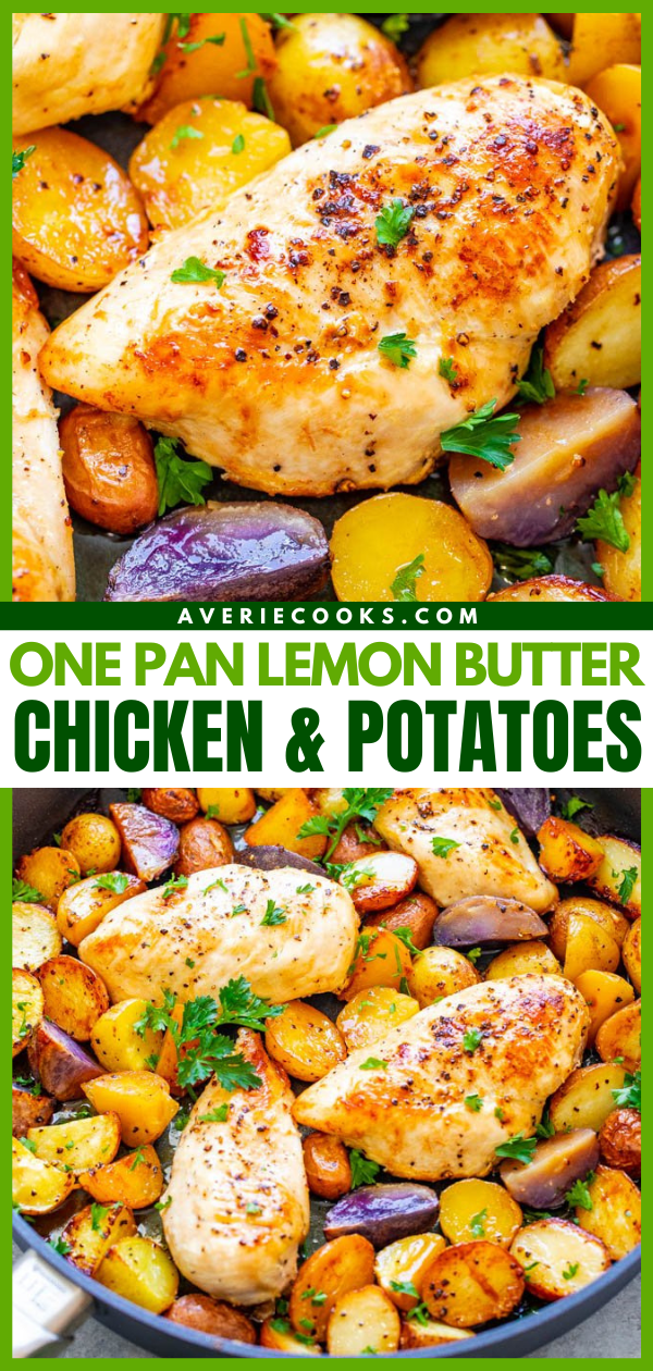 One-Pan Lemon Butter Chicken and Potatoes — A DELICIOUS family dinner that's ready in 30 minutes and full of lemon buttery goodness!! ONE PAN keeps things EASY for you with less dishes!!