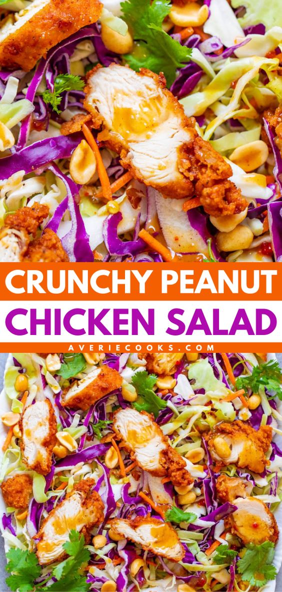 Crunchy Peanut Salad with Chicken — Crispy fried chicken with crunchy cabbage, carrots, peanuts, cilantro and the EASIEST and BEST homemade peanut sauce that coats every bite!! A salad that you’ll CRAVE over and over!! 