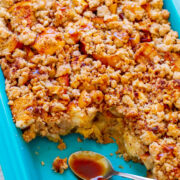 Caramel Apple Cinnamon Streusel French Toast Casserole - An EASY recipe with a make-ahead overnight option so it's perfect for weekend or holiday brunches!! Soft bread, juicy apples, and buttery streusel topping is pure DECADENT comfort food!!