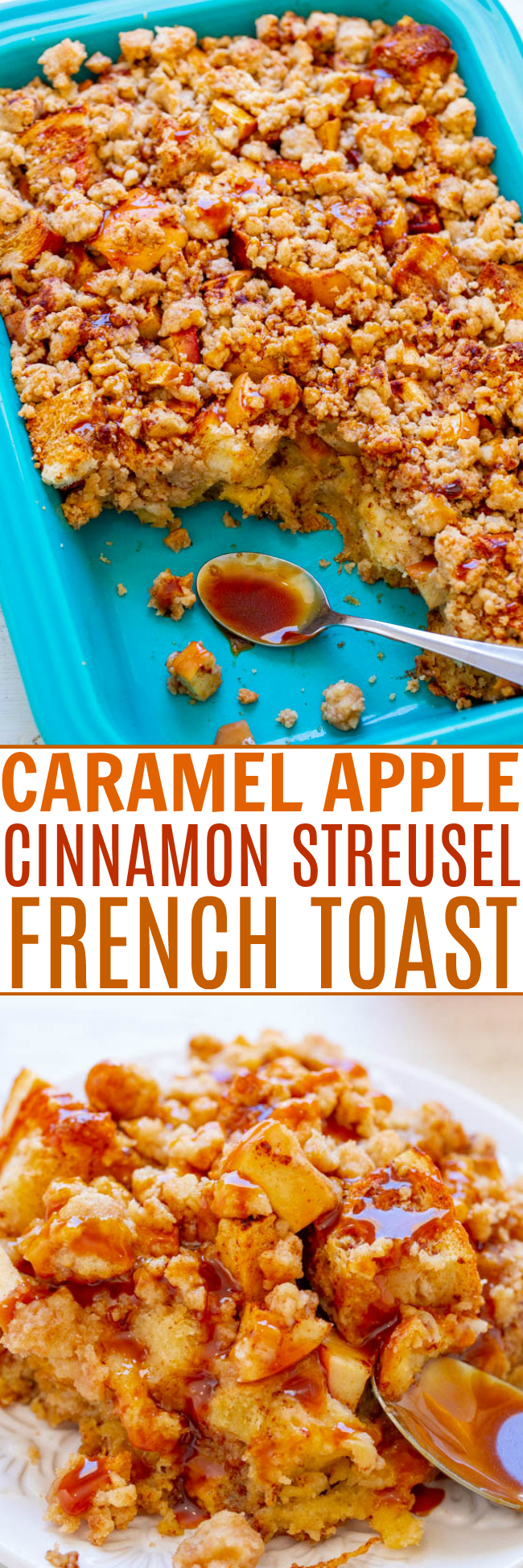 Caramel Apple French Toast Casserole — An EASY recipe with a make-ahead overnight option so it's perfect for weekend or holiday brunches!! Soft bread, juicy apples, and buttery streusel topping is pure DECADENT comfort food!!