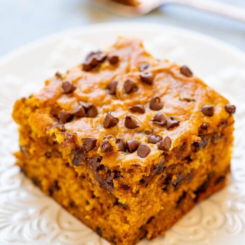 Pumpkin Chocolate Chip Cake - This soft and moist pumpkin cake is loaded with chocolate in every bite!! An EASY one-bowl fall dessert that's perfect for impromptu entertaining or anytime a pumpkin craving strikes!! 