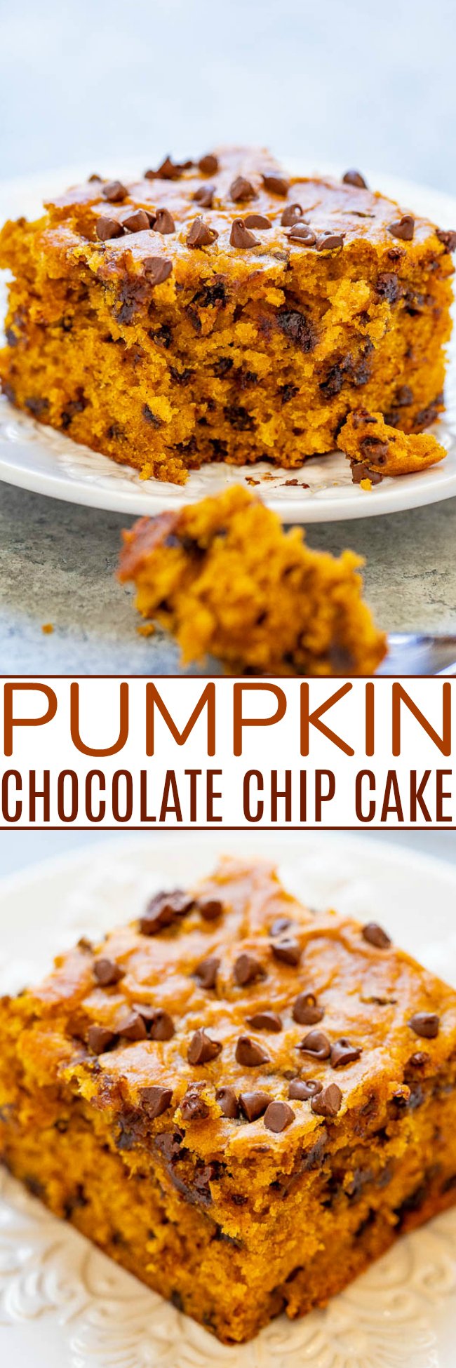 Pumpkin Chocolate Chip Cake — This soft and moist pumpkin cake is loaded with chocolate in every bite!! An EASY one-bowl fall dessert that's perfect for impromptu entertaining or anytime a pumpkin craving strikes!! 