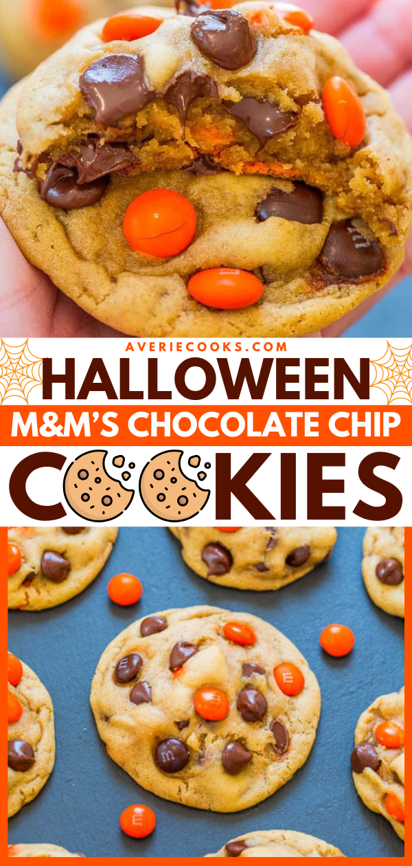 Chocolate Chip M&M's Halloween Cookies — Super soft, perfectly chewy, BROWNED BUTTER cookies that are LOADED with M&M's and chocolate chips!! An EASY one-bowl, no-mixer recipe that'll put everyone in the Halloween spirit!!