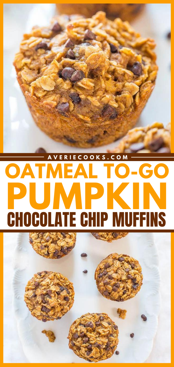 Oatmeal To-Go Pumpkin Chocolate Chip Muffins — These pumpkin chocolate chip muffins are essentially baked oatmeal bites with the perfect amount of pumpkin spice!! They're the perfect grab-and-go breakfast or snack!!