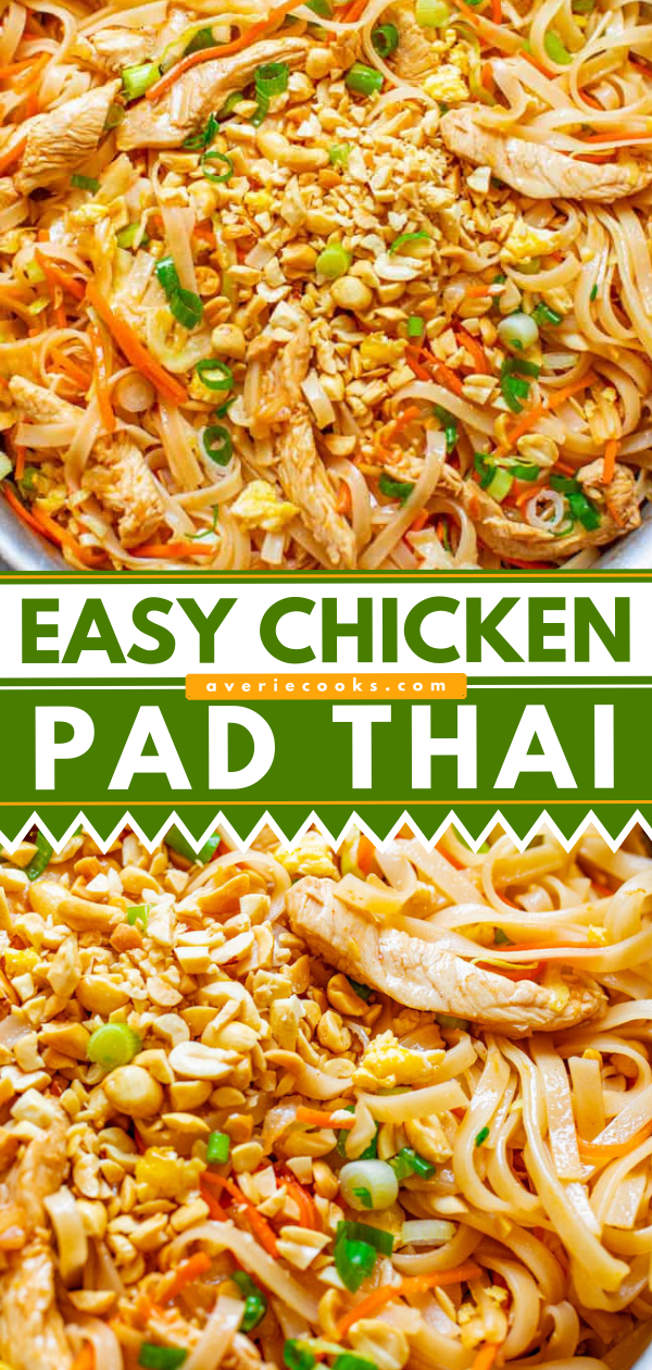 Chicken Pad Thai — EASY, ready in 20 minutes, and BETTER than takeout!! Tender rice noodles, juicy chicken, with crisp-tender carrots, cabbage, and more for an IRRESISTIBLE and AUTHENTIC chicken pad Thai!! 