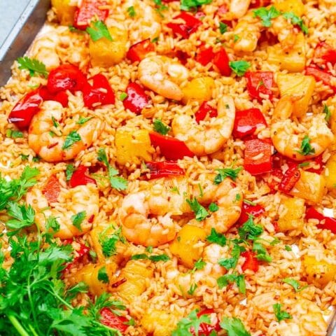 15-Minute Sheet Pan Hawaiian Shrimp - Juicy pineapple, tender shrimp, and rice with a touch of heat and tons of tropical FLAVOR!! Made on ONE sheet pan, ready so FAST, and perfect for busy weeknights!! 