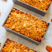 Mini Crumble Topping Pumpkin Bread - Super soft, tender, moist pumpkin bread with a pecan crumble topping!! The mini loaves are EASY, brimming will fall flavors, totally IRRESISTIBLE, and perfect for entertaining or gift-giving!!