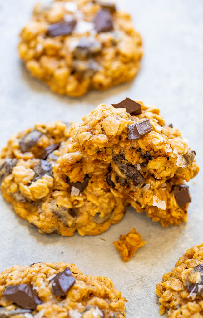 Salted Oatmeal Chocolate Chunk Cookies - Soft, chewy, loaded with chocolate, and the flaky sea salt adds the PERFECT touch!! If you're an oatmeal cookie fan, these will become your new FAVORITES and they're so EASY to make!!