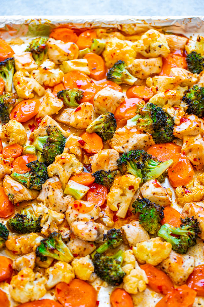 Sweet Chili Sauce Chicken and Vegetables — EASY, ready in 15 minutes, made on ONE sheet pan, and perfect for busy weeknights!! Accidentally healthy yet packed with the perfect flavor balance - a little bit sweet with a little bit of heat!!