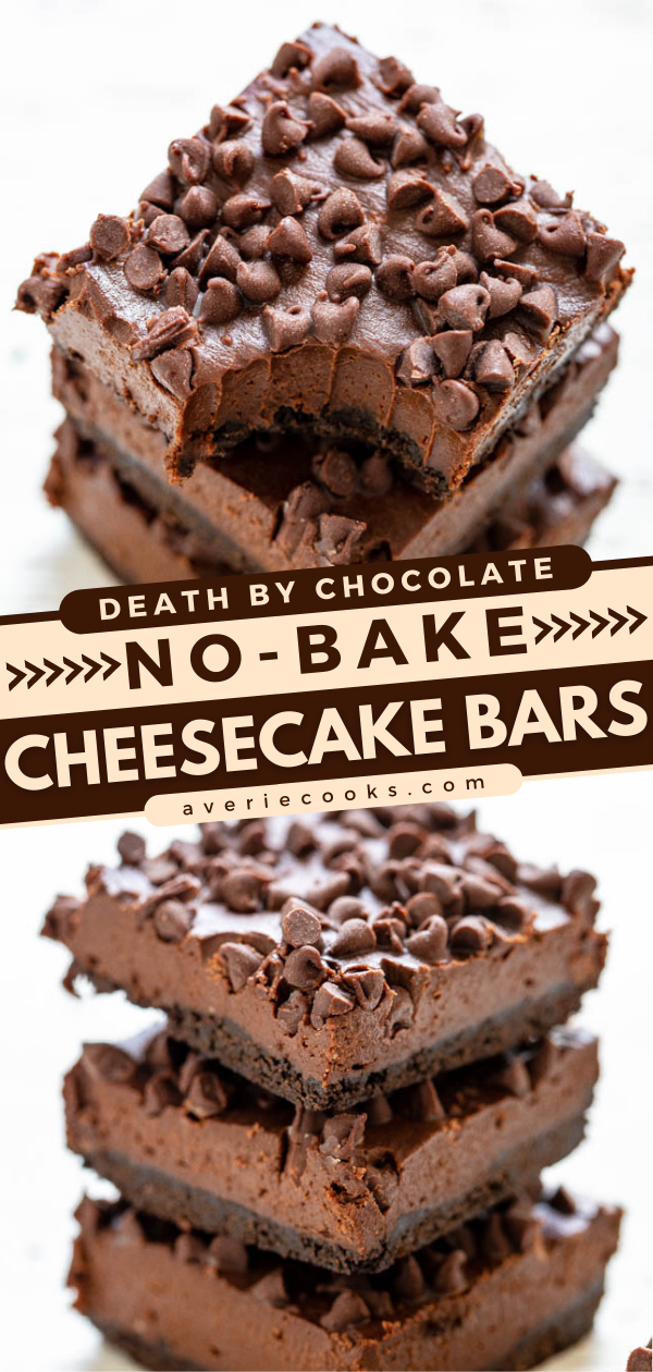Death by Chocolate No-Bake Cheesecake Bars — Only for serious chocoholics because they're rich, creamy, decadent, and loaded with chocolate!! NO-BAKE and an easy MAKE-AHEAD dessert!! 