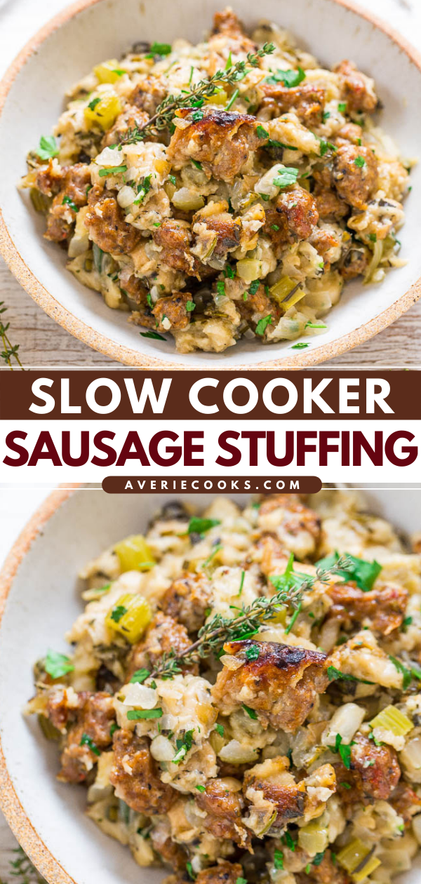 Slow Cooker Sausage Stuffing — This sausage stuffing is super easy to make since the slow cooker does all the hard work for you! There's no sauteing or browning required at all and you can FREE UP YOUR OVEN!! 