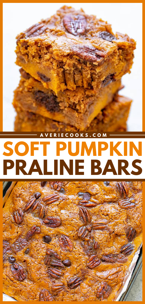 Soft Pumpkin Bars (with Cake Mix!) — SUPER soft pumpkin bars studded with chocolate chips, candied pecans, and plenty of pumpkin pie spice!! A FAST and EASY pumpkin dessert that feeds a crowd for your fall and winter celebrations!!