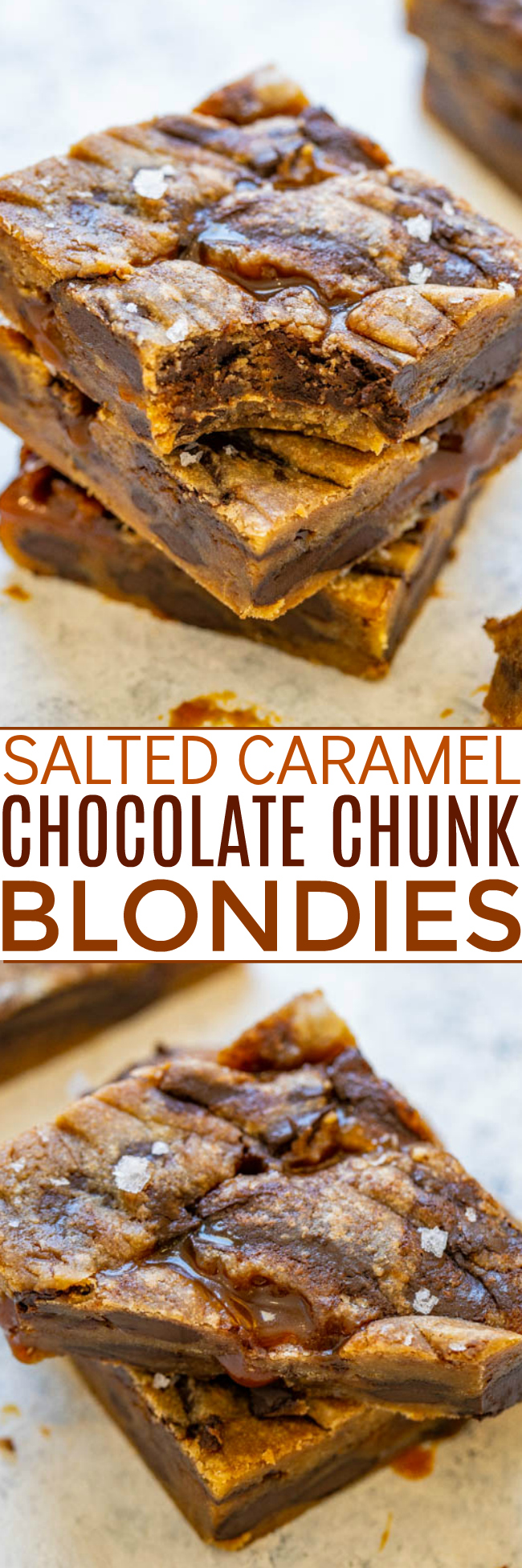 Browned Butter Salted Caramel Chocolate Chunk Blondies - The combination of browned butter, salted caramel, chocolate, and sea salt is INCREDIBLE!! A complex-tasting salty-sweet dessert that is EASY to make and a guaranteed FAVORITE!!