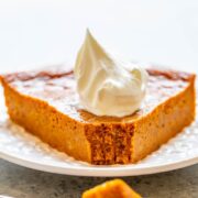 Crustless Pumpkin Pie - The EASIEST pumpkin pie you'll ever make because there's no crust!! One bowl, no mixer, and the pie is PERFECTLY flavored with plenty of pumpkin spice and everything nice! Put this pie on your holiday menu!!