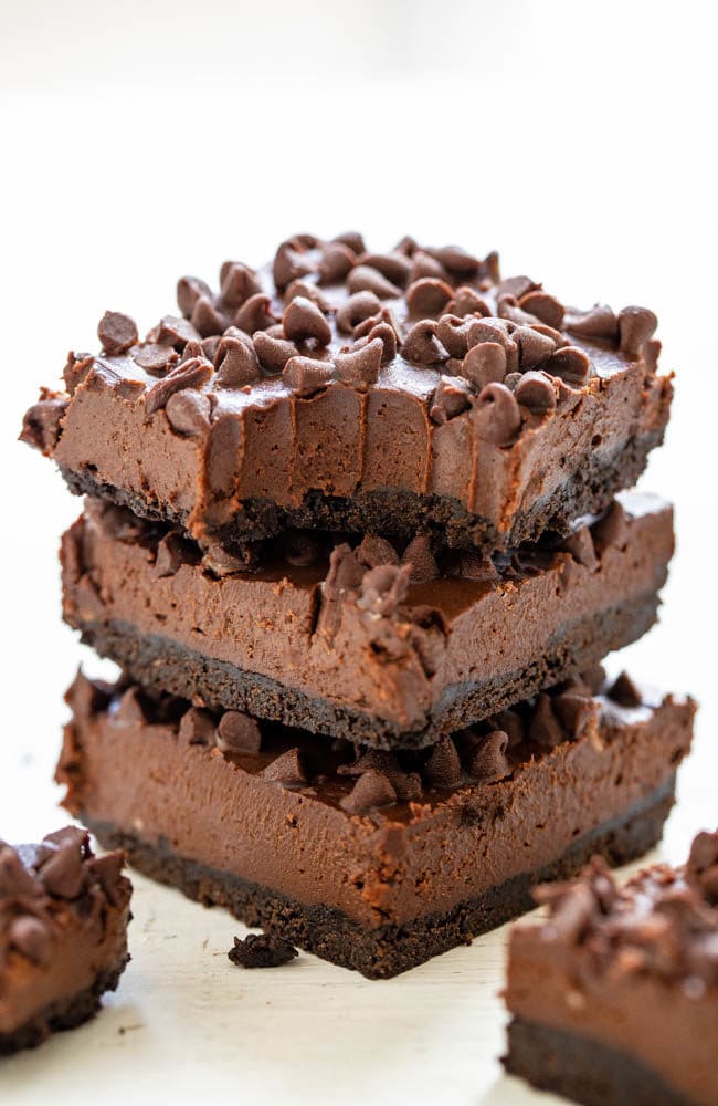Death-By-Chocolate No Bake Cheesecake Bars in a stack 