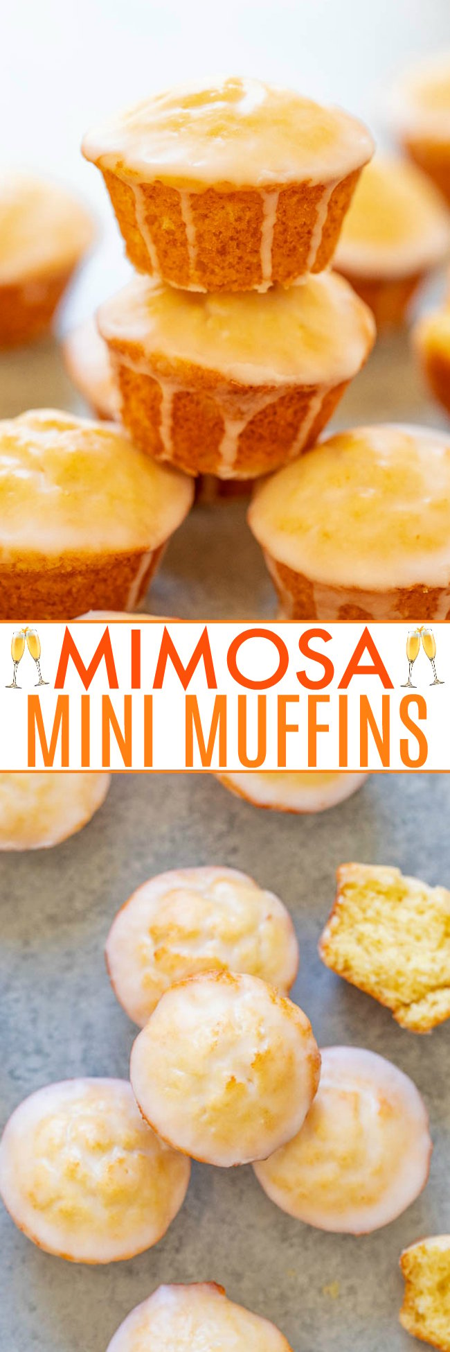 Mini Champagne Orange Muffins (aka Mimosa Muffins) — Why settle for just drinking a mimosa when you can indulge in adorable mini muffins made with CHAMPAGNE and ORANGE JUICE!! The perfect two-bite mimosa! FAST, EASY, and perfect for brunch or get-togethers!!