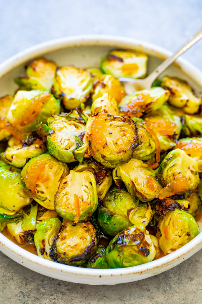 Orange Glazed Brussels Sprouts - A FAST and EASY side dish that jazzes up Brussels sprouts with a citrus twist!! Great for fall and winter holiday entertaining or as HEALTHY weeknight side!!