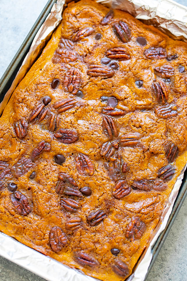 overhead view of pumpkin bars with cake mix in a baking dish