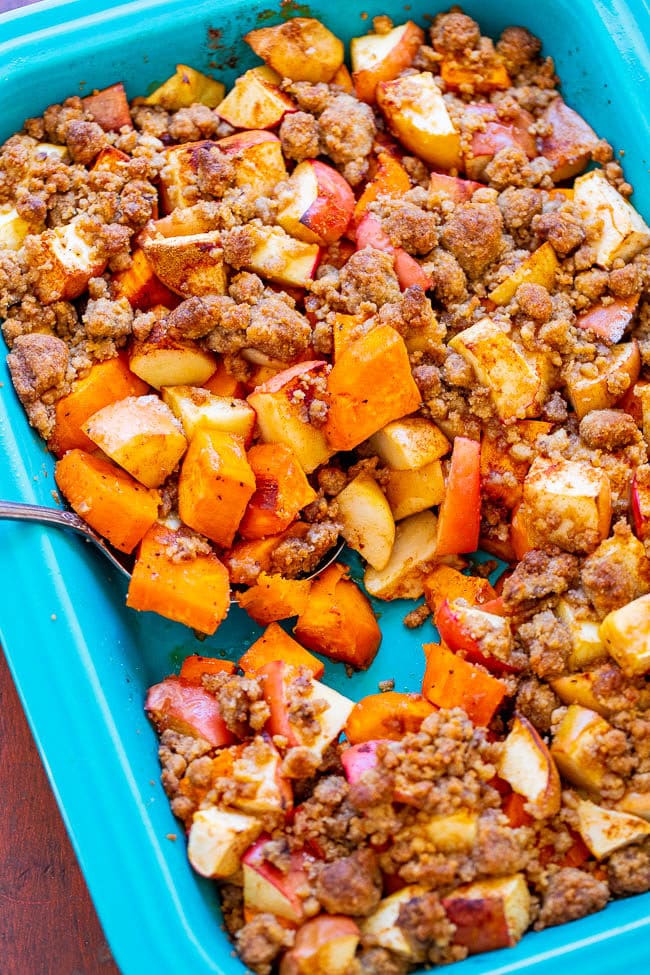 Roasted Sweet Potato and Apple Casserole - A HEALTHIER and DELICIOUS twist on sweet potato casserole!! The potatoes and apples retain some texture with the perfect amount of crumble topping! Put it on your holiday menu!!
