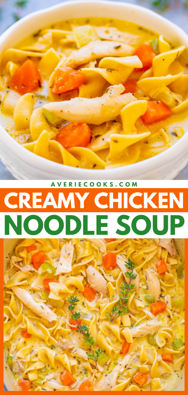 Easy 30-Minute Creamy Chicken Noodle Soup — Why have regular chicken noodle soup when you can have CREAMY instead? Pure comfort food at its finest! Ready in 30 minutes, an instant family favorite, and PERFECT for chilly weather!!
