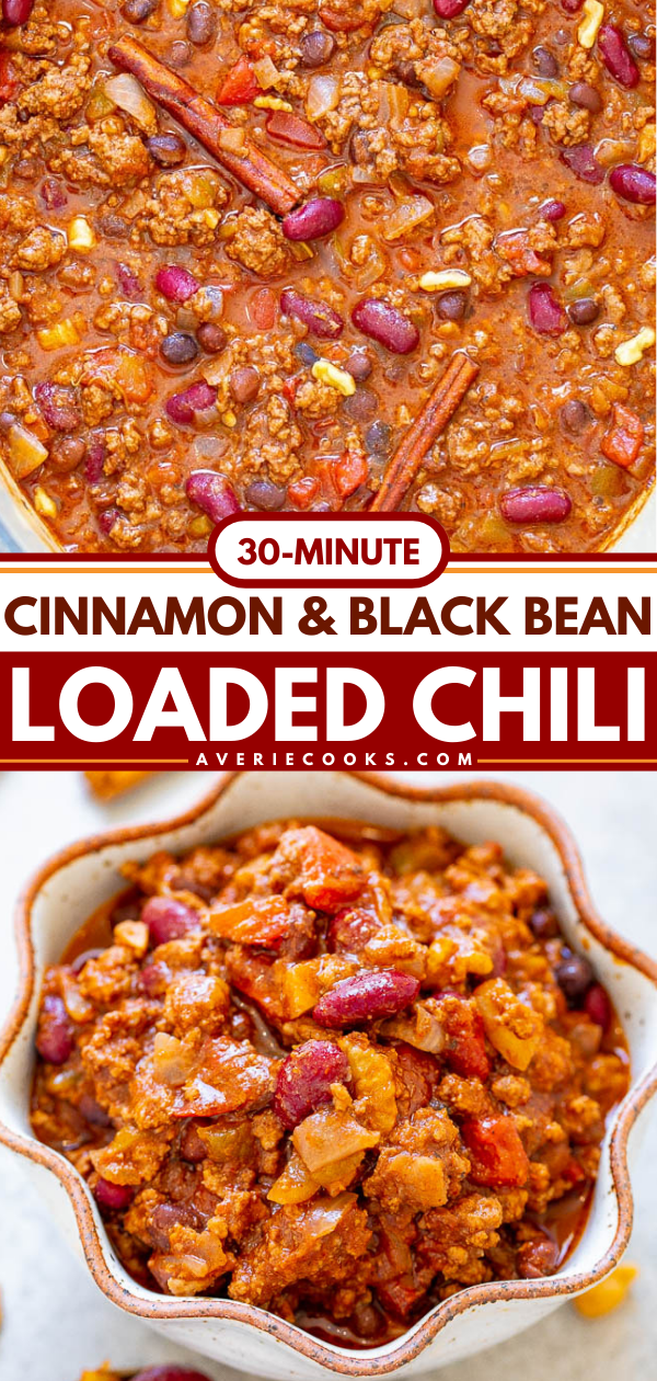 30-Minute Loaded Chocolate Chili — If you're looking for a unique spin on classic chili, try this EASY and DELICIOUS chocolate chili recipe made with cocoa powder and cinnamon! Hearty comfort food that's on the healthier side and perfect for chilly weather!!