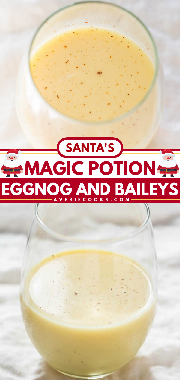 Santa's Magic Potion (aka Eggnog Cocktail) — Not sure what to mix with eggnog? Baileys, of course! This creamy eggnog cocktail mixes the two to create a holiday drink you'll love! 