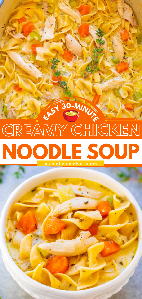 Easy 30-Minute Creamy Chicken Noodle Soup — Why have regular chicken noodle soup when you can have CREAMY instead? Pure comfort food at its finest! Ready in 30 minutes, an instant family favorite, and PERFECT for chilly weather!!