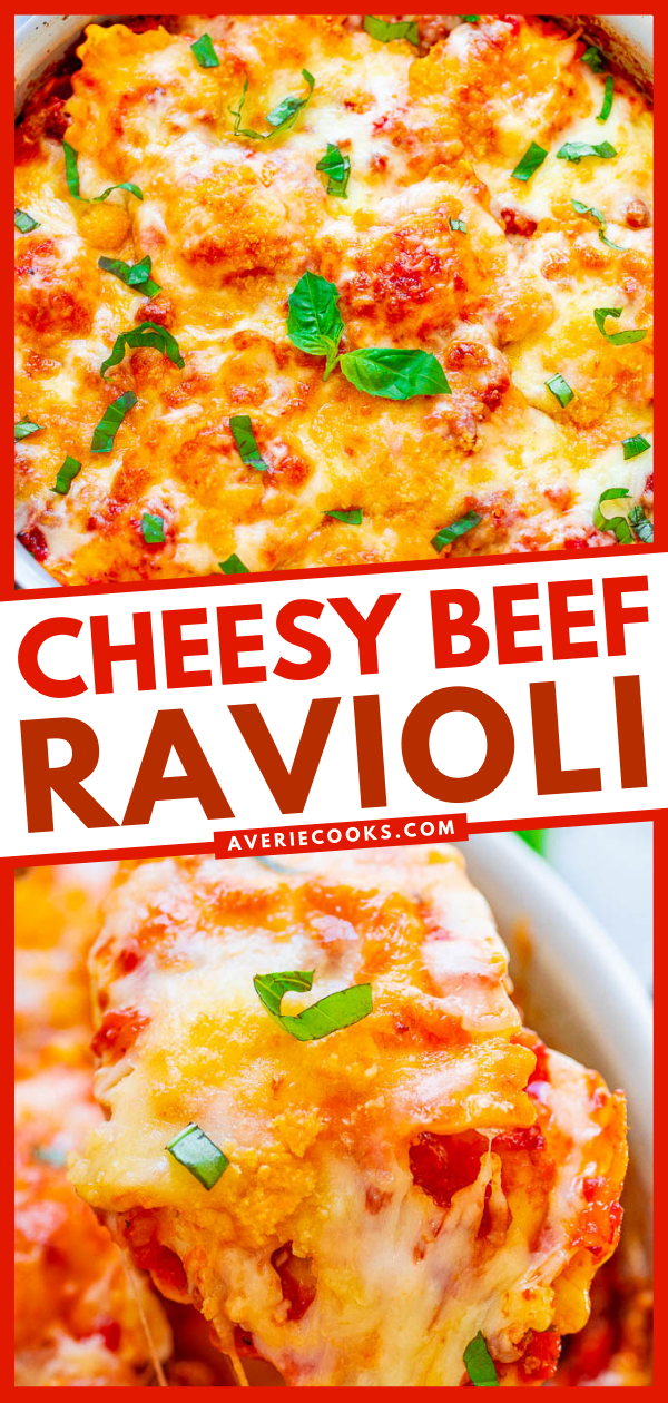 Cheesy Beef Ravioli — EASY, ready in 30 minutes, and it's pure cheesy COMFORT FOOD in every bite!! Makes a big batch and it's perfect for meal prep and planned freezer meals! A guaranteed family FAVORITE you'll want on repeat!!