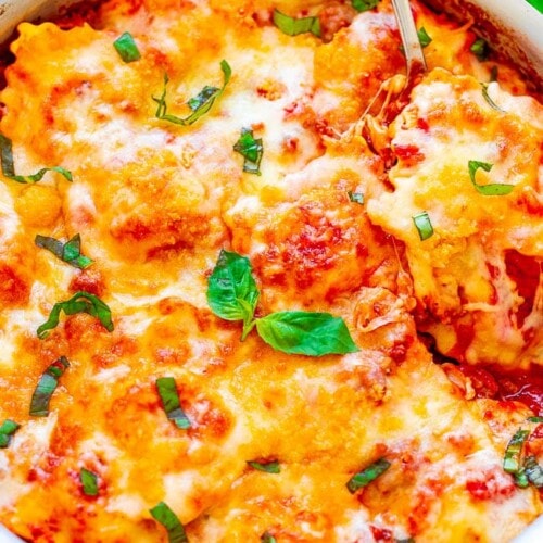 Cheesy Beef Ravioli with Meat Sauce - Averie Cooks