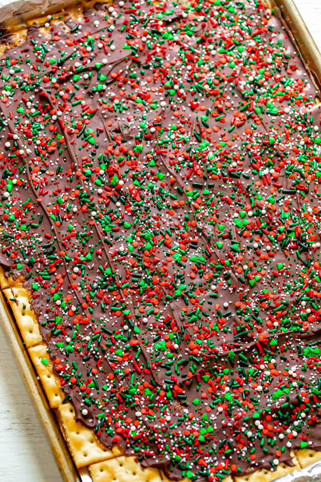 overhead view of a pan of Christmas crack candy 