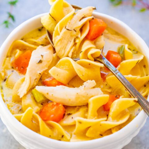 Easy 30-Minute Creamy Chicken Noodle Soup - Why have regular chicken noodle soup when you can have CREAMY instead? Pure comfort food at its finest! Ready in 30 minutes, an instant family favorite, and PERFECT for chilly weather!!