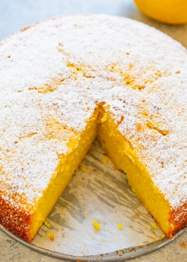 Lemon Olive Oil Cake - My new FAVORITE lemon dessert of all time!! Lemon zest, juice, extract, and Limoncello add so much AMAZING lemon flavor to this EASY, ridiculously moist no-mixer cake that’s unique and INCREDIBLE!!